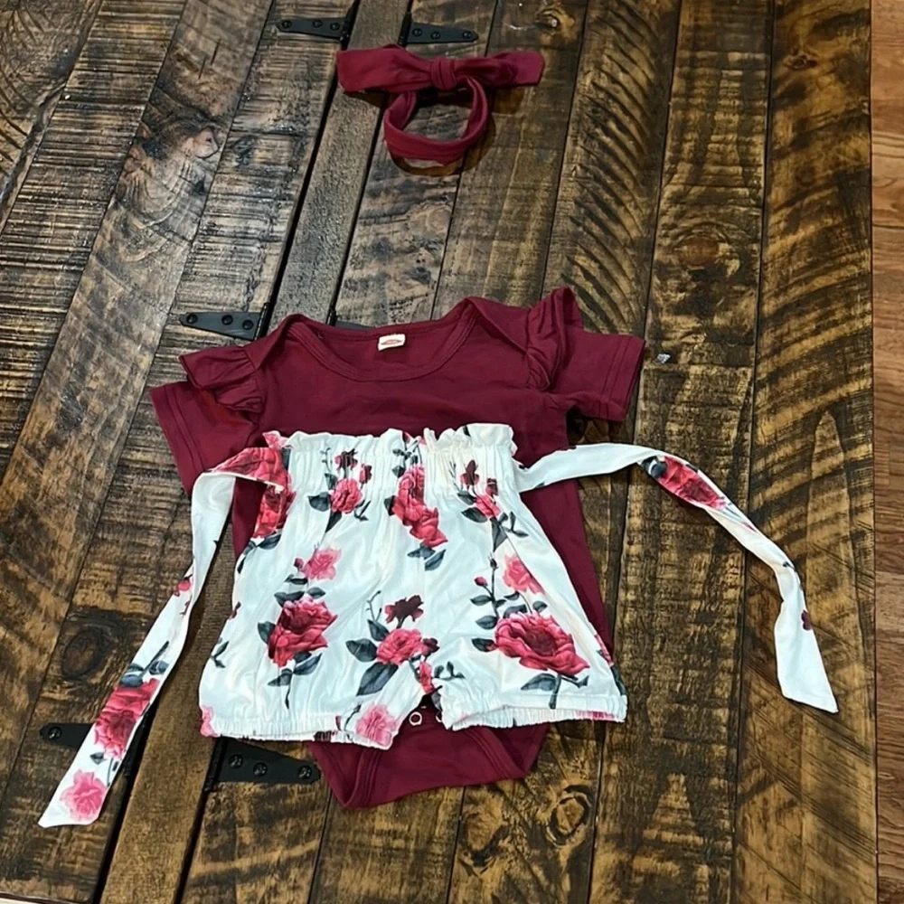 Floral Baby Outfit Set with Headband burgundy rose boutique